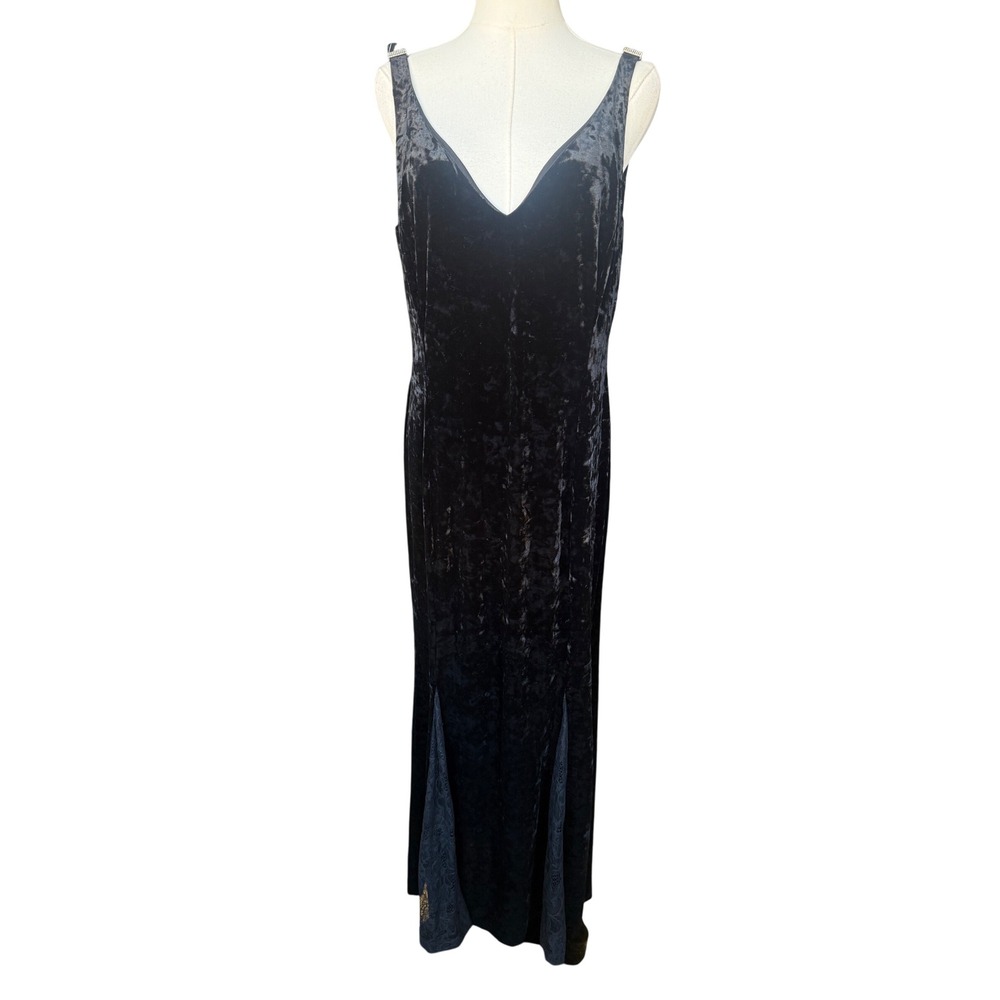 Lauren Ralph Lauren Black Velvet Maxi Dress Size 14 Evening Lace Hem Holiday